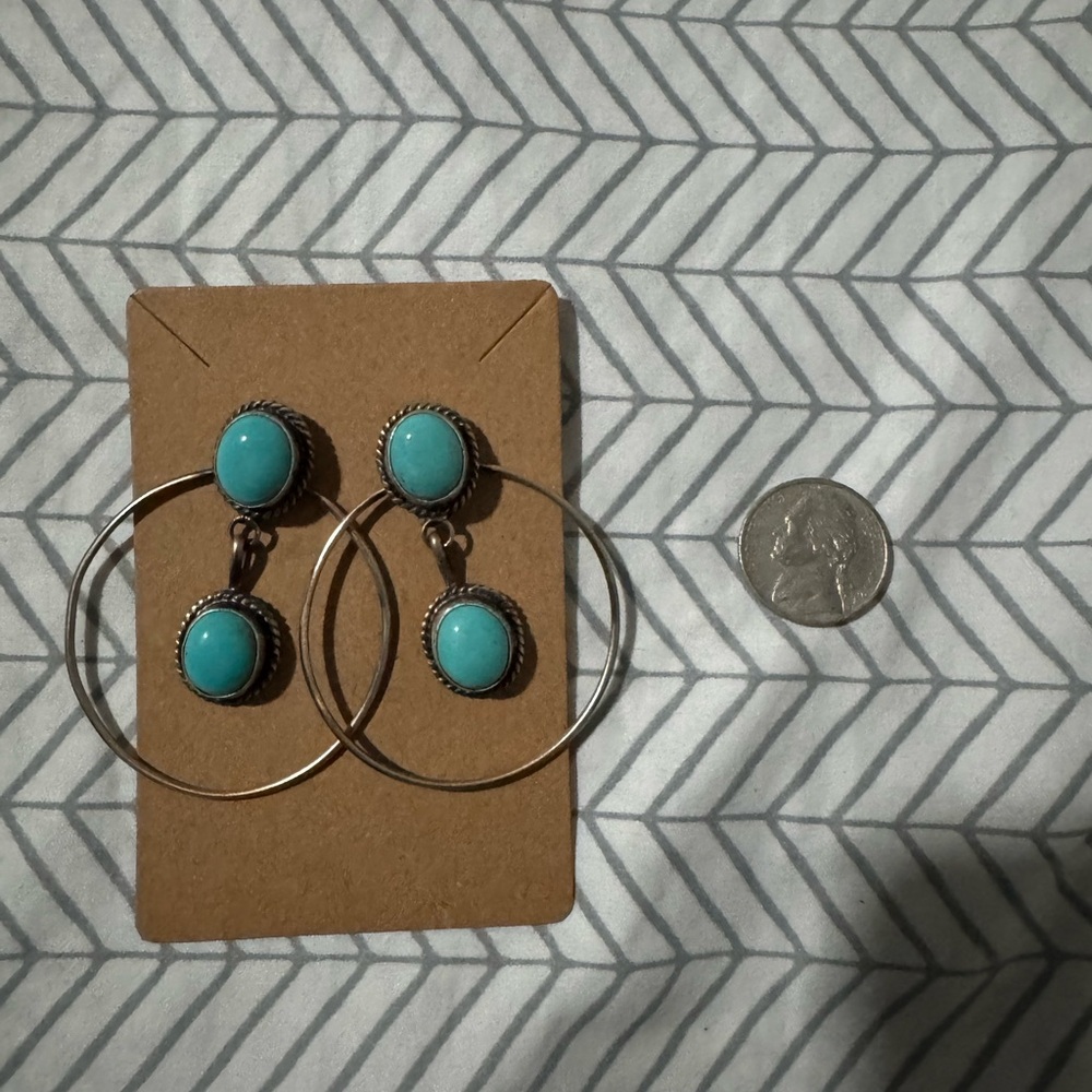 Kingman Turquoise and Sterling Silver Hoop Earrings with Distinctive Design